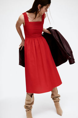 H&M - Women Red Pintucked Flared-Skirt Dress
