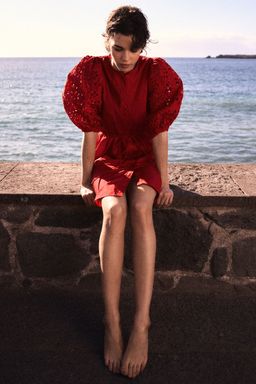 H&M - Women Red Broderie Anglaise-Sleeved Dress