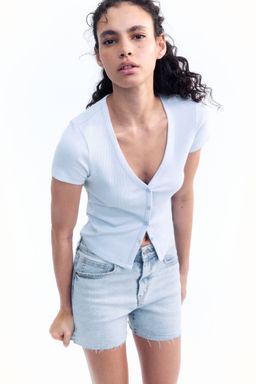 H&M - Women Blue Ribbed Button-Front T-Shirt