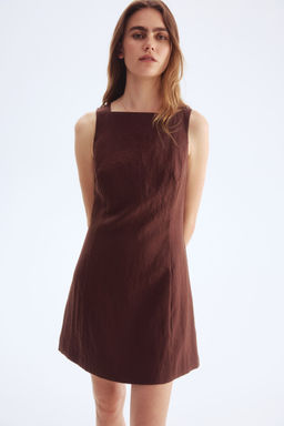 H&M - Women Brown Square-Neck Twill Dress