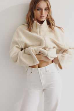 H&M - Women Beige Zip-Through Teddy Sweatshirt