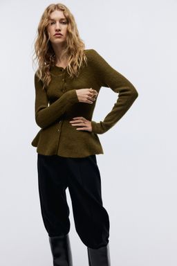 H&M - Women Green Rib-Knit Peplum Cardigan