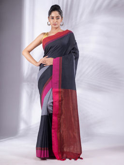 CHARUKRITI - Dark Grey Pure Cotton Handwoven Soft Saree & Zari Pallu with Unstitched Blouse