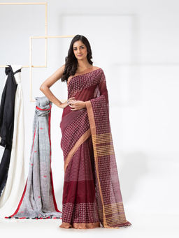 Angoshobha - Maroon Cotton Blended Festive Handloom Saree with Unstitched Blouse