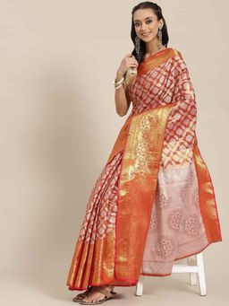Silk Land - Brocade Heavy Silk Saree with Unsticthed Blouse Piece Red with Unstitched