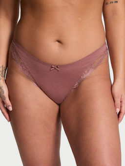 Victoria's Secret - Brown Stretch Cotton Lace-Trim High-Leg Scoop Thong Panty