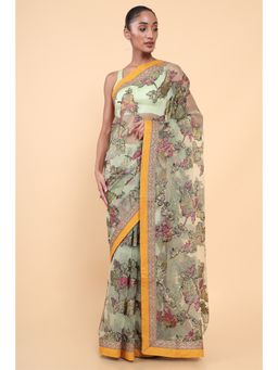 Soch - Women Green Organza Floral Saree with Unstitched Blouse