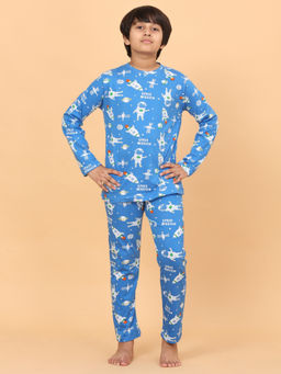 Ninos Dreams - Blue Cotton Knit Full Sleeves Space Mission T-Shirt with Pyjama (Set of 2)