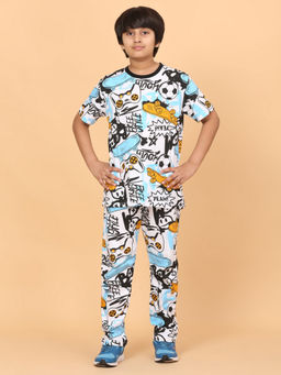 Ninos Dreams - Multi-Color Cotton Knit Half Sleeves Skate T-Shirt with Pyjama (Set of 2)