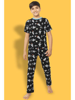 Ninos Dreams - Black Cotton Knit Space Mission Print T-Shirt with Pyjama (Set of 2)