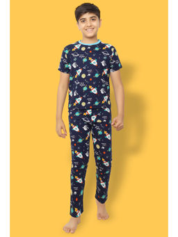 Ninos Dreams - Navy Blue Cotton Out Of Space Print T-Shirt with Pyjama (Set of 2)