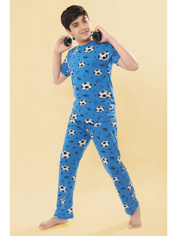 Ninos Dreams - Blue Cotton Knit Football Print Half Sleeves T-Shirt with Pyjama (Set of 2)