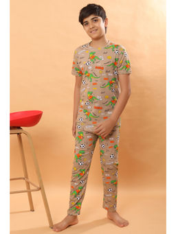 Ninos Dreams - Beige Dino Print Cotton Knit Half Sleeves T-Shirt with Pyjama (Set of 2)