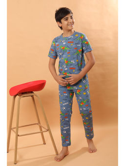 Ninos Dreams - Blue Dino Print Cotton Knit Half Sleeves T-Shirt with Pyjama (Set of 2)