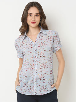 Not So Pink - Blue Floral Printed Collar Neck Shirt