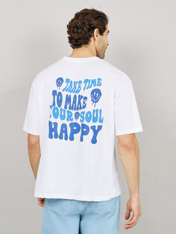 Styli - Men's White Back Puff Print Slogan Oversized Cotton T-Shirt
