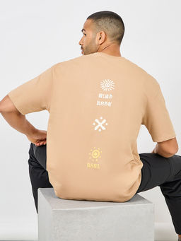 Styli - Men's Beige Oversized Mind Body Soul Puff Back and Front Print Terry Cotton T-Shirt
