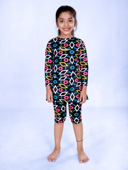 KiddoPanti - Girls Full Sleeves Printed One Piece With Jammer Swim Dress (Set of 2)