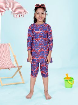 KiddoPanti - Girls Full Sleeves Printed One Piece With Jammer Swim Dress (Set of 2)