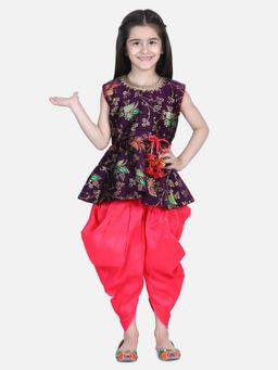 BownBee - Jacquard Sleeveless Pelum with Silk Dhoti- Purple (Set of 2)