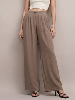 Outzidr - Taupe High Waisted Pleated Flowy Trouser