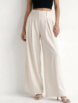 Outzidr - Beige Pleated Solid Trouser