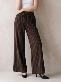 Outzidr - Brown High Waisted Elasticate Stripped Trouser