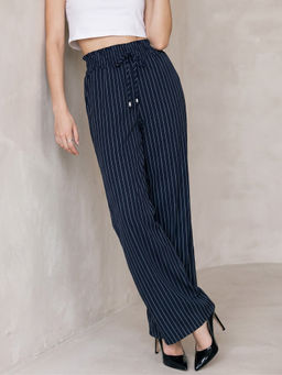 Outzidr - Navy Blue High Waisted Elasticated Stripped Trouser