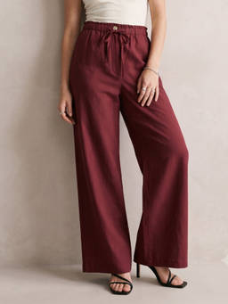 Outzidr - Wine Highwaist Paperbag Wide Leg Trouser