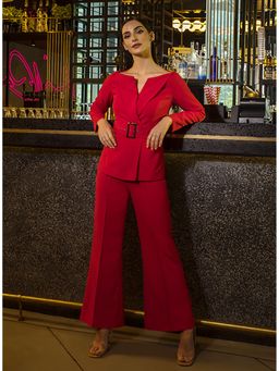 Label Deepika Nagpal - Scarlet Red Wide Neck Blazer with Pant