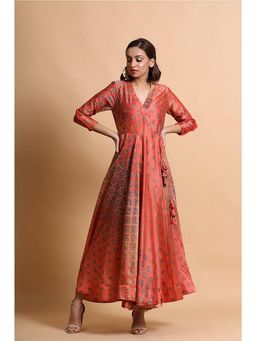 PALLAVI JAIPUR - Orange V-Neck Printed Maxi Dress with Belt Bag