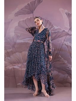 PALLAVI JAIPUR - Blue V-Neck Floral Maxi Dress with Cape and Belt