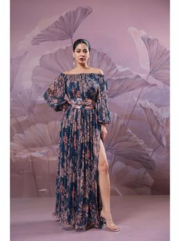 PALLAVI JAIPUR - Blue Off Shoulder Floral Maxi Dress with Belt