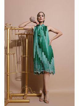 PALLAVI JAIPUR - Green Tie Up Neck Abstract Knee Length Dress
