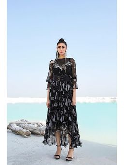 PALLAVI JAIPUR - Black Crew Neck Printed Maxi Dress with Belt