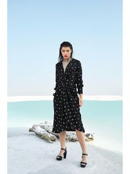 PALLAVI JAIPUR - Black V-Neck Printed Midi Dress