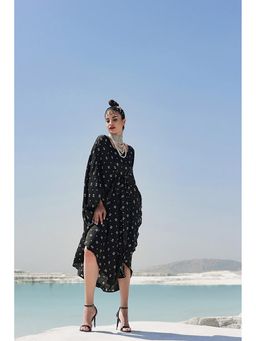 PALLAVI JAIPUR - Black Square Neck Printed Kaftan Midi Dress