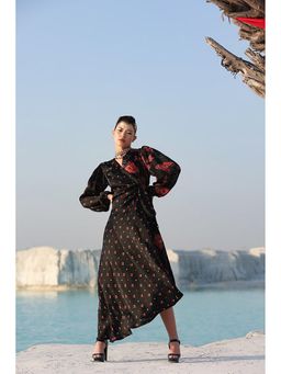 PALLAVI JAIPUR - Black V-Neck Printed Wrap Midi Dress