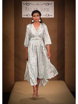 PALLAVI JAIPUR - Green V-Neck Printed Midi Dress with Belt