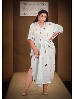 PALLAVI JAIPUR - Green V-Neck Printed Kaftan Midi Dress