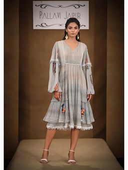 PALLAVI JAIPUR - Grey V-Neck Printed Midi Dress
