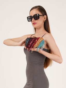 Fabbhue - Women Multicolor Fringes Hand Embroidery Clutch (S)