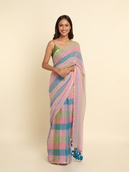 Suta - Multi-Color Checks Cotton Blend Saree