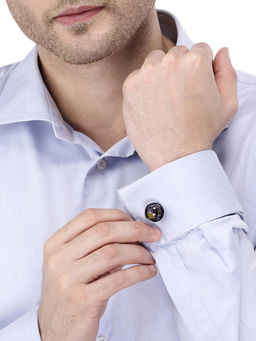 Yellow Chimes - Navy Blue And Silver-Toned Round Cufflinks