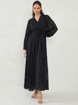 Femmella - Black Jacquard Lurex Wrap Maxi Dress with Belt (Set of 2)
