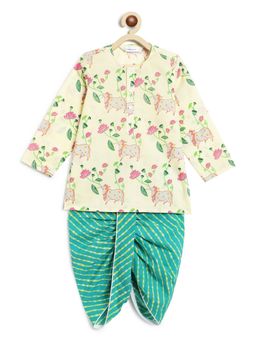 Campana - Boys Bansi Kurta with Dhoti - Pichwai Print - Off-White & Green (Set of 2)