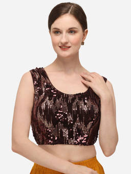 Amrutam Fab - Womens Embroidered & Sequence Work Brown Velvet Stiched Blouse With Round Neck
