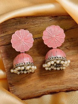 Estele - Rhodium Plated Sparkling Pink Meenakari Jhumki Earrings with Pearls for Women