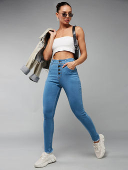 Miss Chase - Womens Blue Skinny Fringed Hemline Detailing Stretchable Denim Jeans