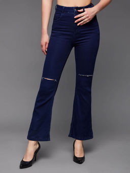 Miss Chase - Womens Navy Blue Bootcut High Rise Stretchable Denim Jeans